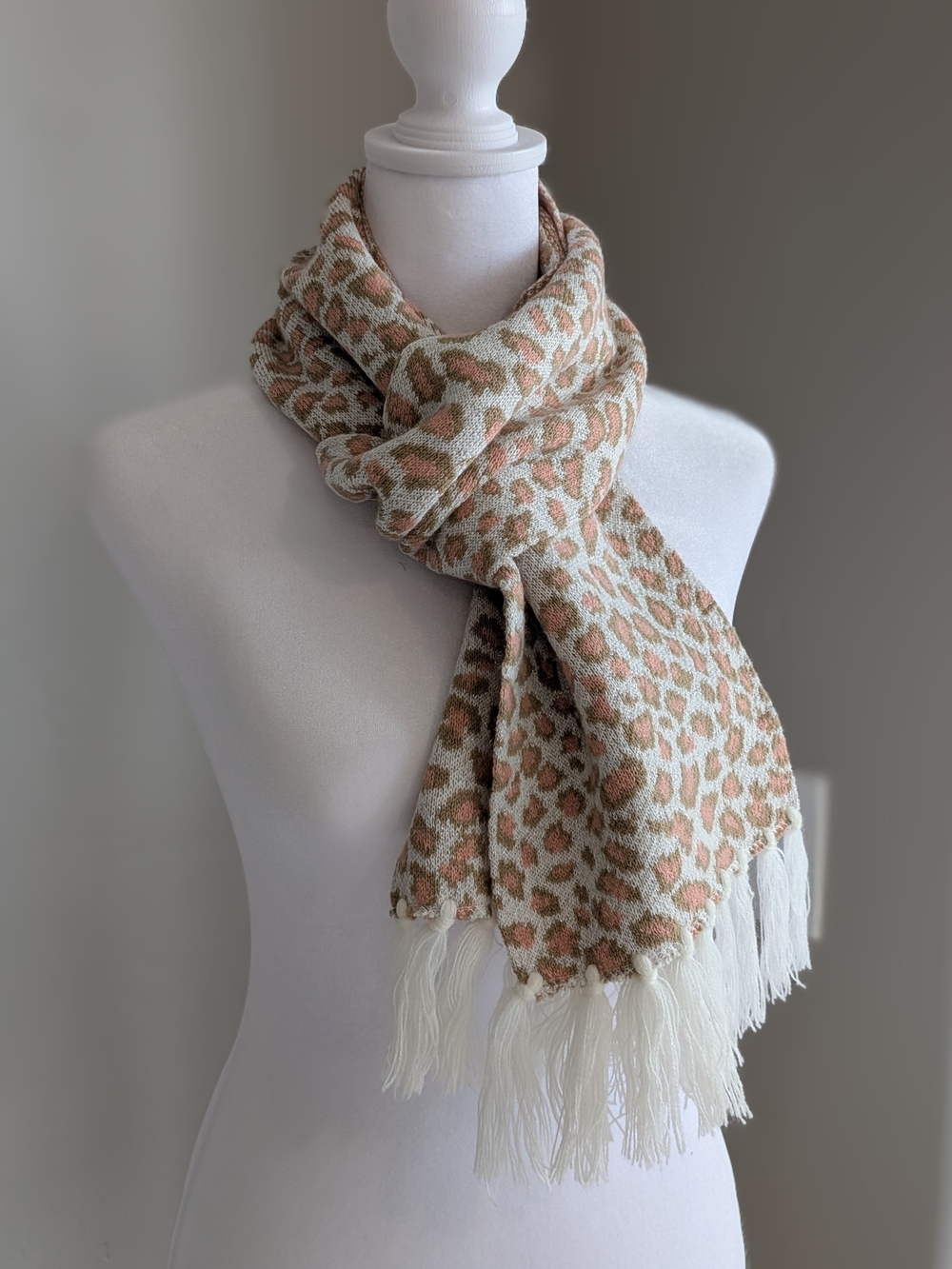 bebe Ladies Leopard Knit Hat & Scarf Set in Beige/Pink - Picture 4 of 16